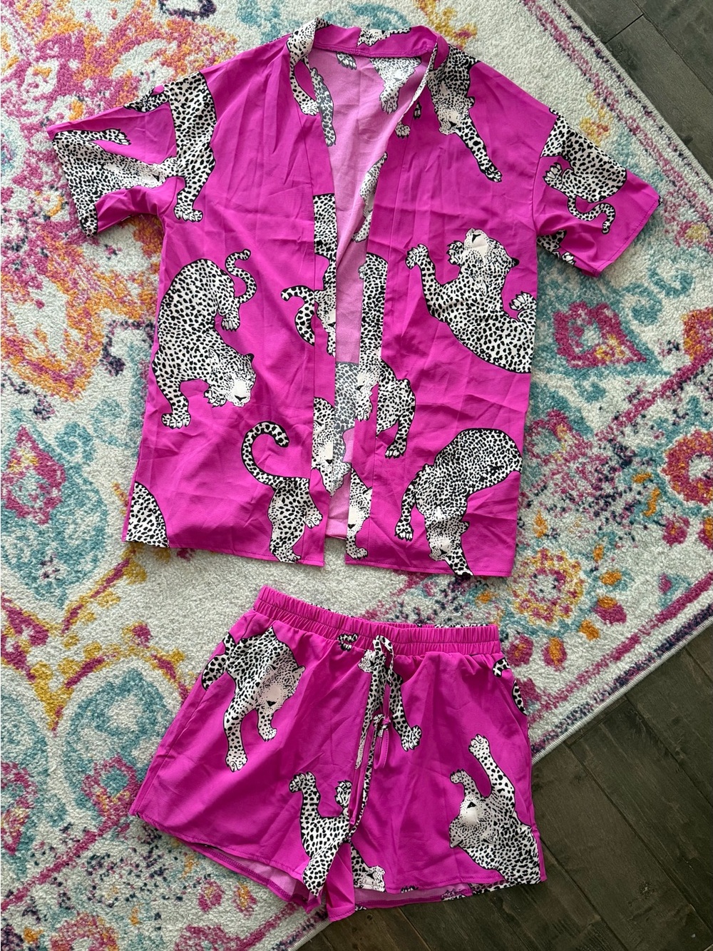 Women's Pink Leopard Print Swim Coverup Set - Short Sleeve Shirt & Shorts